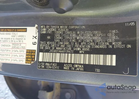 2006 Toyota Highlander from USA, damaged, VIN JTEGD21A660139673